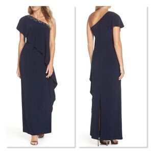 VINCE CAMUTO | One-shoulder Rhinestone Embellished Gown - size 12 in Navy